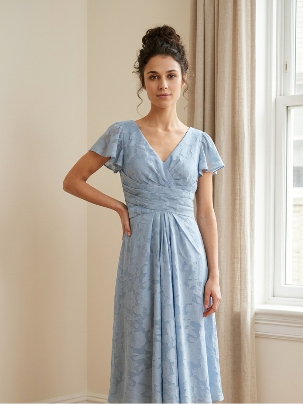 Elegant Dusty Blue V-Neck Dress